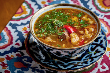 Uzbek chuchvara with tomato sauce and vegetables served in plate. Joshpara is a kind of dumpling