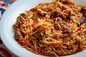 Classic oriental pilaf with meat and spices served on a plate
