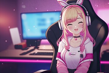 Cute anime girl gamer streamer happy. Generative AI