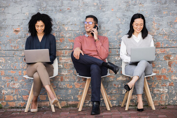 Recruitment, phone call. or UX web design team in digital tech company, job interview or corporate...
