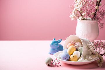 Obraz na płótnie Canvas Easter composition with spring flowers and colorful quail eggs in porcelain white coffee cup over pink background. Springtime and Easter holiday concept with copy space
