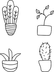 Flowers in pots, vector. Flowers in pots and cactus, black outline on a white background.