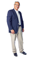 Portrait, happy and senior businessman in studio for vision, mission and work on white background. Elderly, ceo and man standing and proud of business success or startup, posing and isolated
