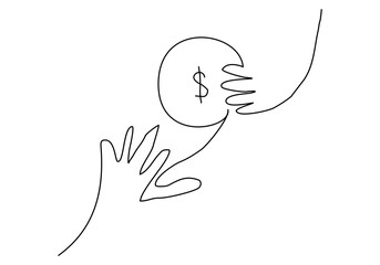 Hand drawn one line of season of giving hand give money isolated on white background.