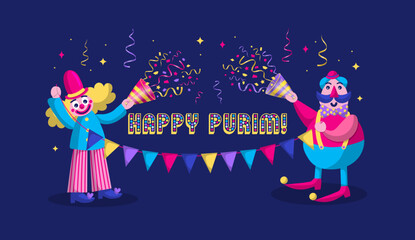 Naklejka premium Happy Purim - a Jewish holiday. Colorful background with clown and party popper confetti