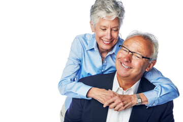 Senior, couple and mature man and woman happy and hugging isolated against a studio white...