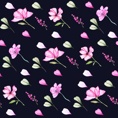 Pink Flowers Watercolor Seamless Pattern. Hand drawn illustration.