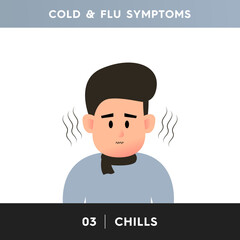 Vector illustration of a person who is feeling chills and shivering from the cold. A man with a scarf around his neck feels cold and shivering in his body. Symptoms of flu, cold, fever, infection.