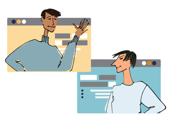 Two Young man in front of a computer screen. line illustrations, Flat style, isolated vector element, hand lettering © Blooming Sally