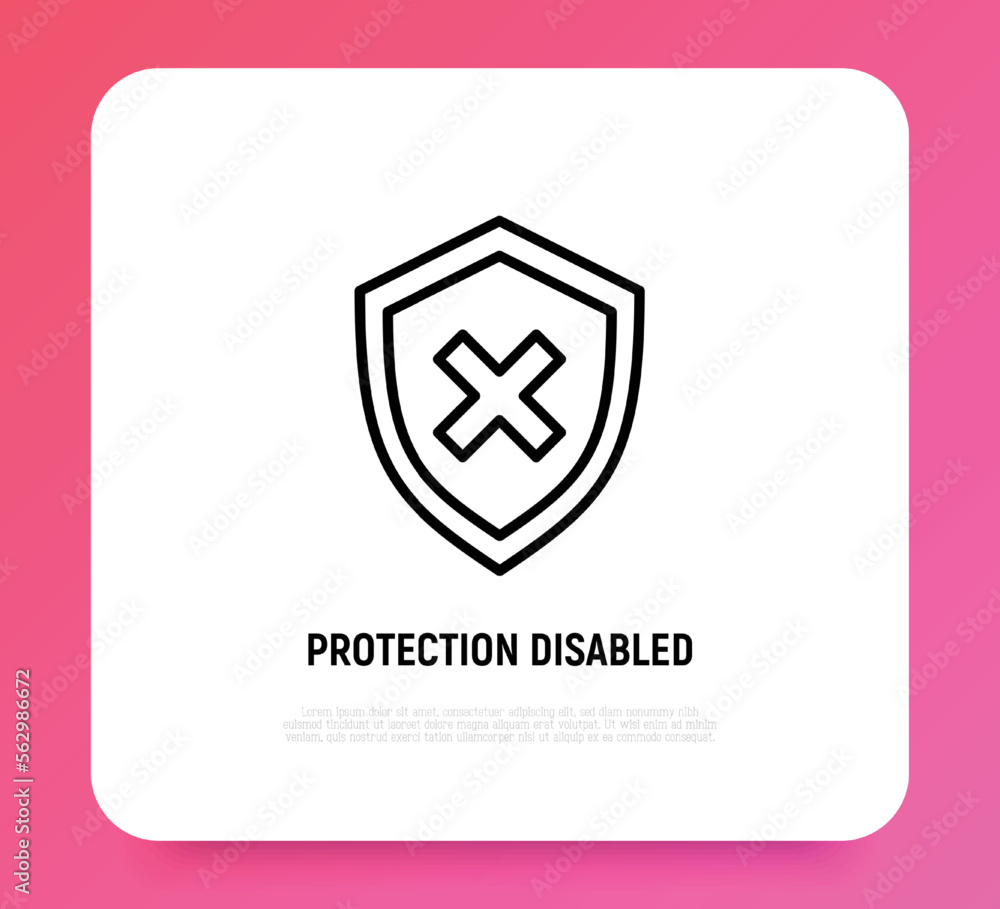 Poster security disabled thin line icon. shield with cross mark. vector illustration.
