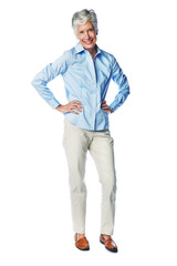 Fototapeta premium Happy, portrait and senior woman is studio, smile and cheerful while posing on a white background. Elderly, model and lady enjoy retirement, proud and satisfied with retired lifestyle while isolated
