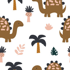 Vector hand drawn colorful seamless repeat baby pattern with cute dinosaurs and scandinavian style textures for nursery and textile decoration.