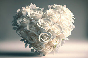 Beautiful bunch of white roses in the shape of a heart on a light background, Generative AI