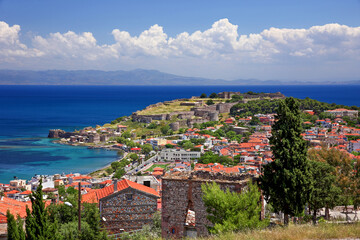 Naklejka na ściany i meble Mytilene town, the capital of Lesvos island of Northern Aegean islands. This is the view of Epano Skala and the castle, the northern part of the town.