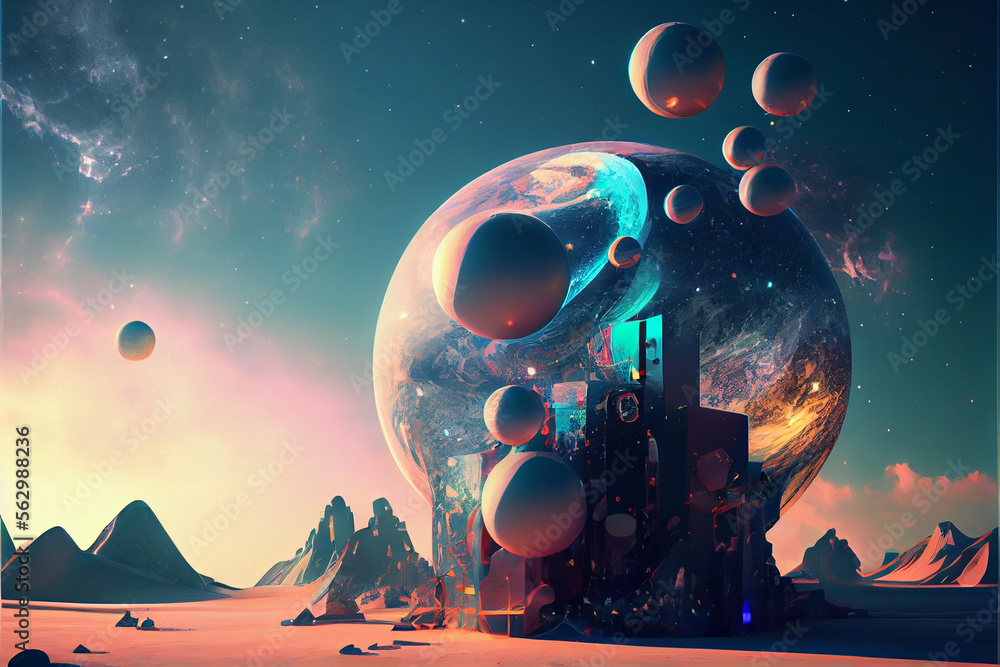 Poster Beautiful abstract surreal landscape retro futuristic world of computer space in the style of science fiction of the 80s