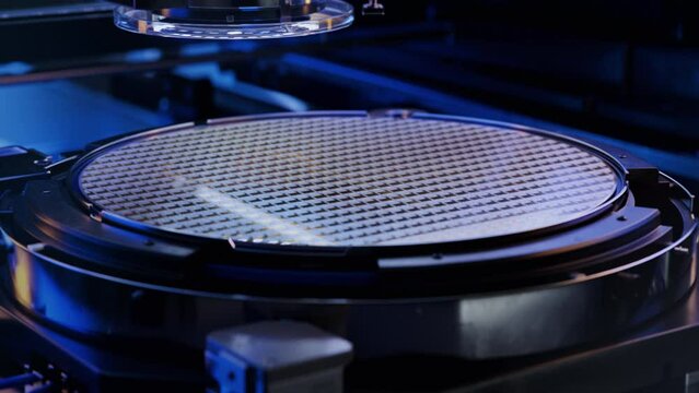 Silicon Wafer inside Photolithography Machine. Shot of a Wafer during Semiconductor and Computer Chip Manufacturing Process at a Factory.