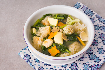 Capcay broth or mix vegetables in soups. Typical Indonesian - Chinese dishes served with various types of vegetables, chicken or beef and broth