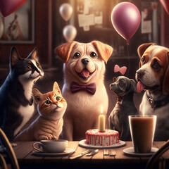 Fototapeta premium Dogs and cats celebrating Valentines Day