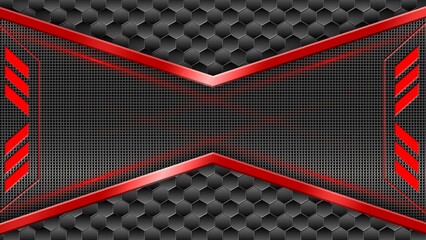 Abstract futuristic black and red background with modern shapes on gray hexagon mesh - 3D Illustration