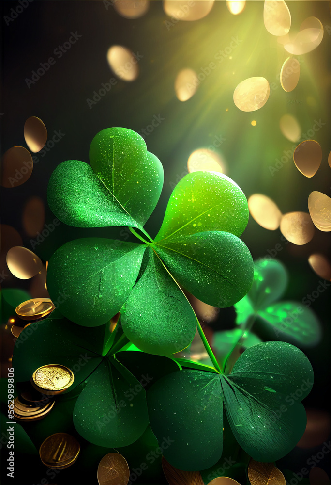Poster Beautiful Festive background with shining clover shamrocks and golden bokeh. St. Patrick's Day backdrop. 