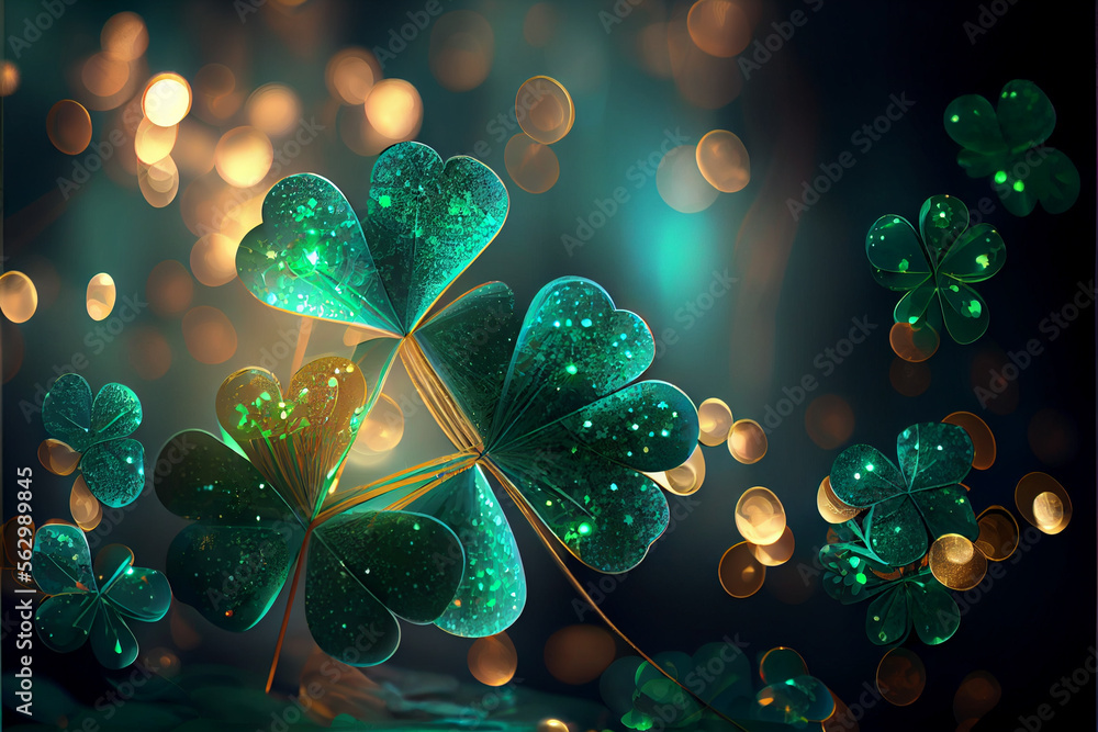 Fototapete Beautiful Festive background with shining clover shamrocks and golden bokeh. St. Patrick's Day backdrop.  Generative AI technology.