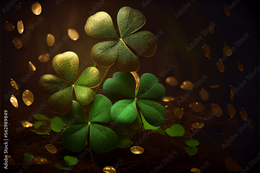 Aufkleber Beautiful Festive background with shining clover shamrocks and golden bokeh. St. Patrick's Day backdrop. 