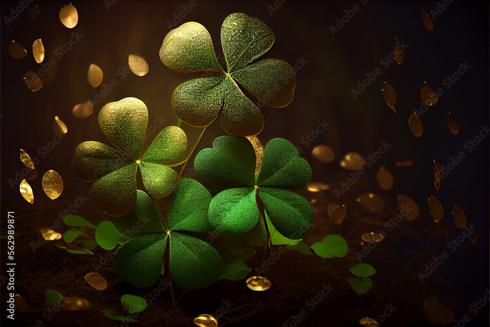 Poster Beautiful Festive background with shining clover shamrocks and golden bokeh. St. Patrick's Day backdrop. 