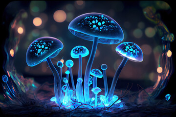Abstract glowing blue green mushroom, Generative AI