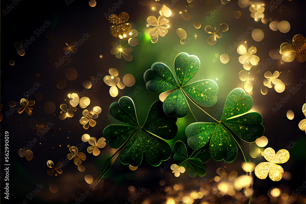 Poster Beautiful Festive background with shining clover shamrocks and golden bokeh. St. Patrick's Day backdrop. 