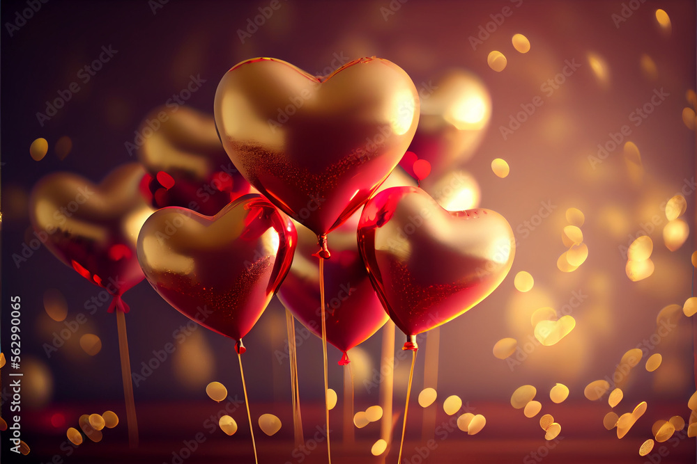 Poster Beautiful many golden heart-shaped balloons in front of and red bokeh background. 