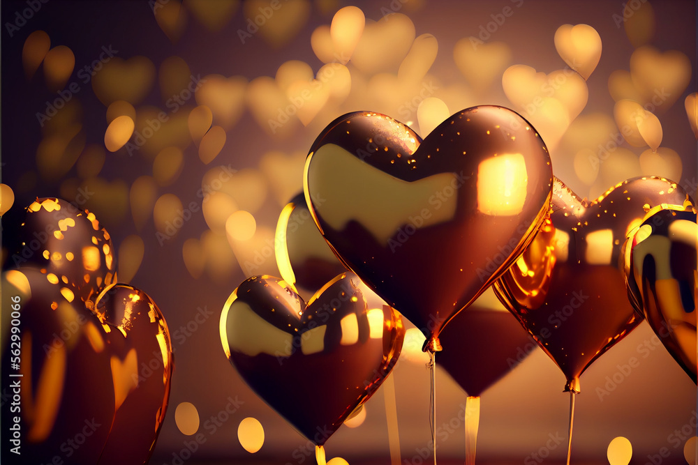 Poster Beautiful many golden heart-shaped balloons in front of and red bokeh background. 