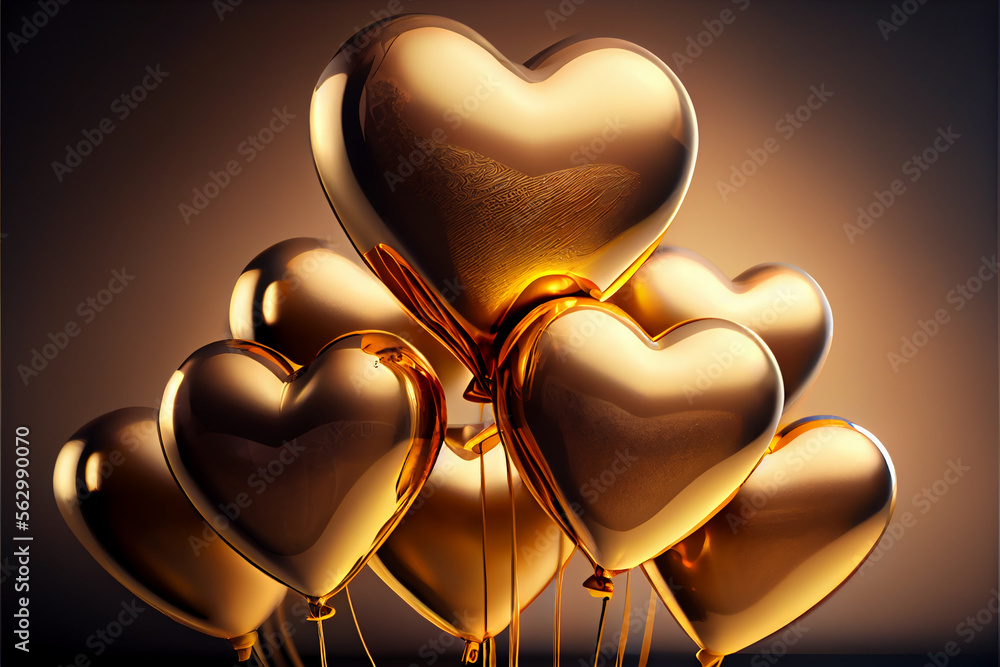 Poster Beautiful many golden heart-shaped balloons in front of and red bokeh background. 