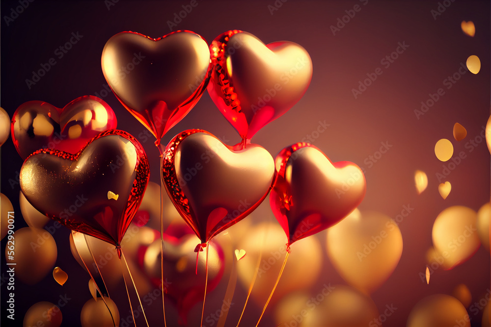 Aufkleber beautiful many golden heart-shaped balloons in front of and red bokeh background.