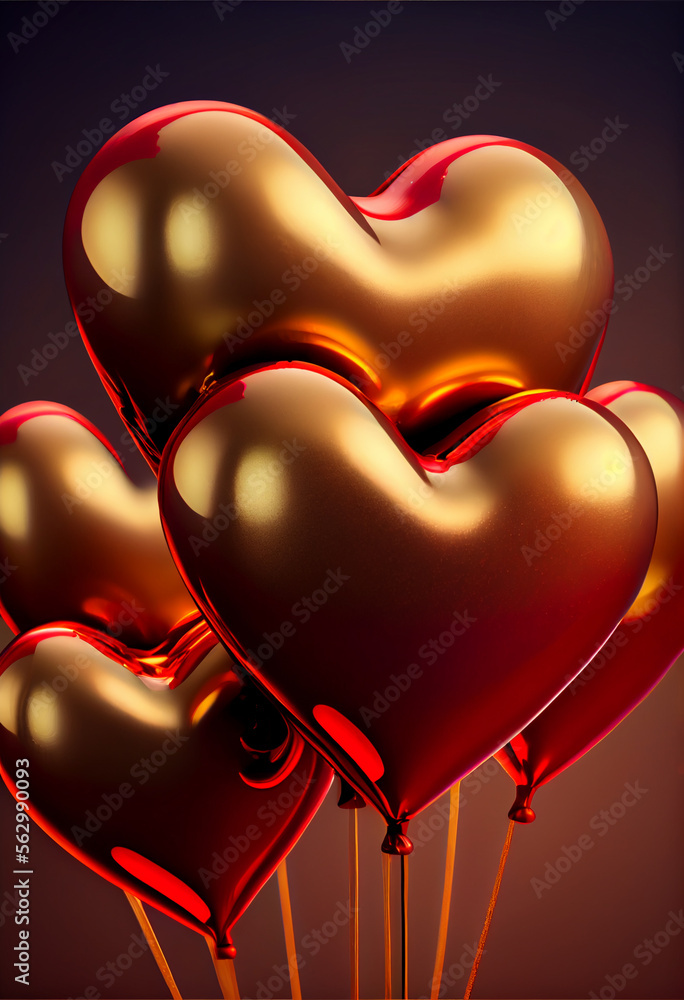 Poster beautiful many golden heart-shaped balloons in front of and red bokeh background.