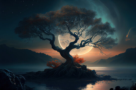 Tree of life concept, A huge beautiful tree with a large moon in the background, Generative AI