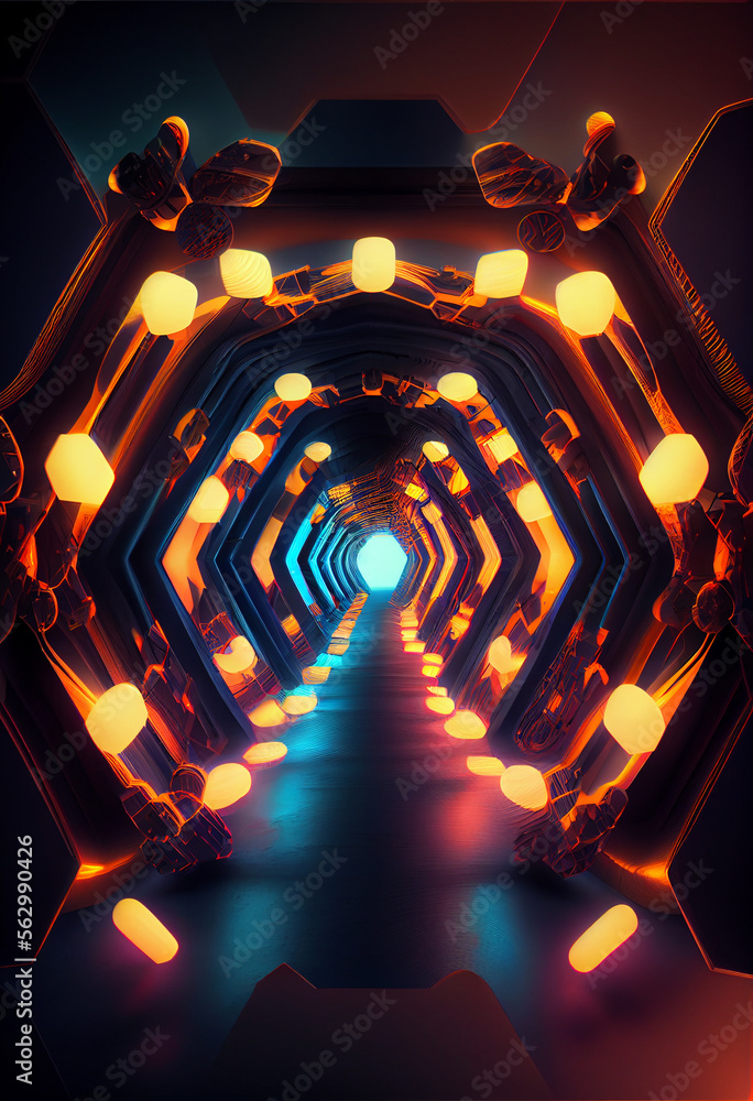 Poster tunnel sci-fi looping environment, technology digital abstract background.