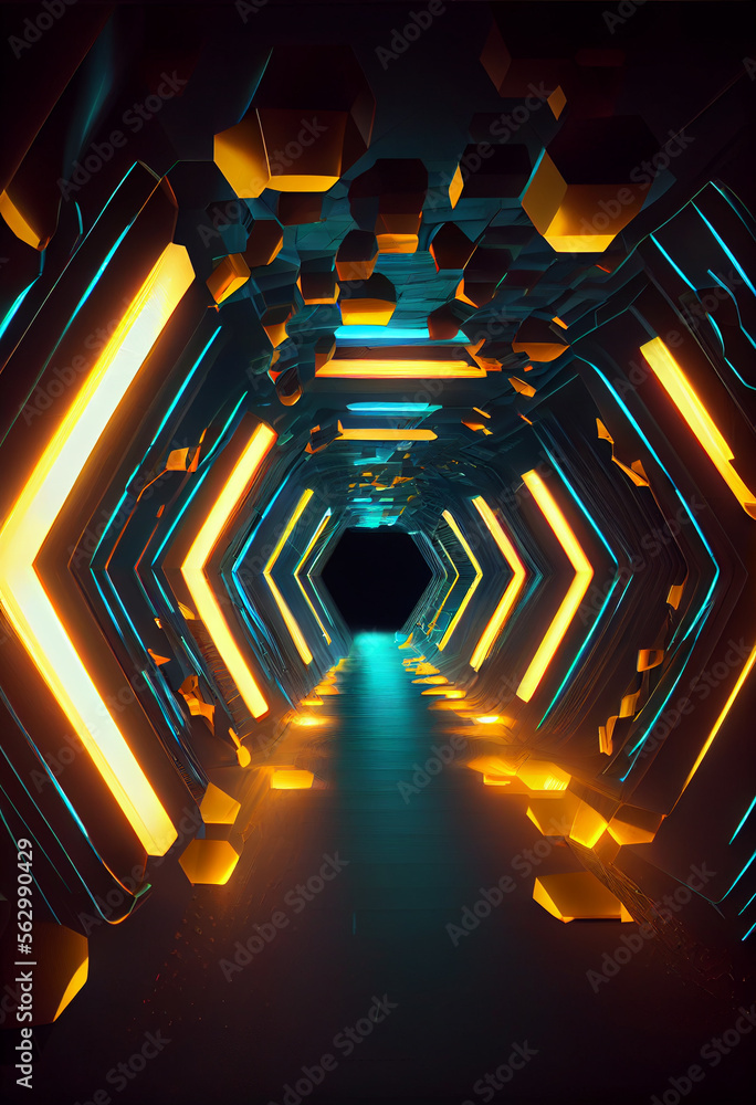 Poster tunnel sci-fi looping environment, technology digital abstract background.