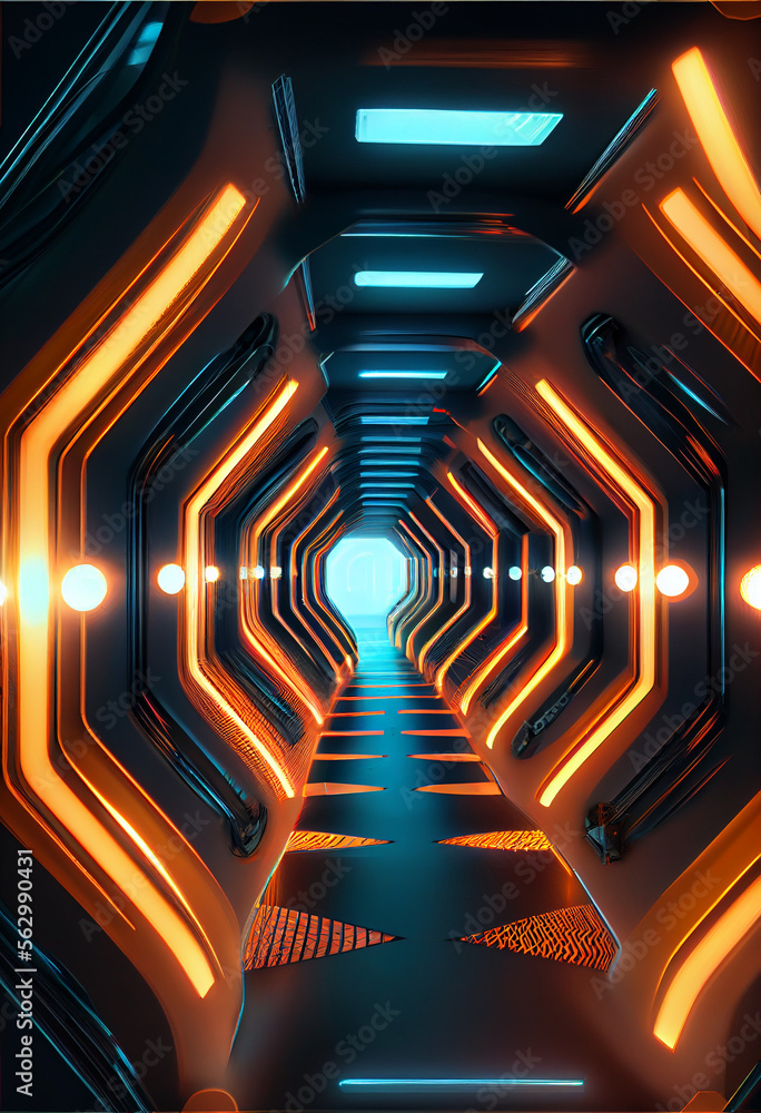 Poster tunnel sci-fi looping environment, technology digital abstract background.