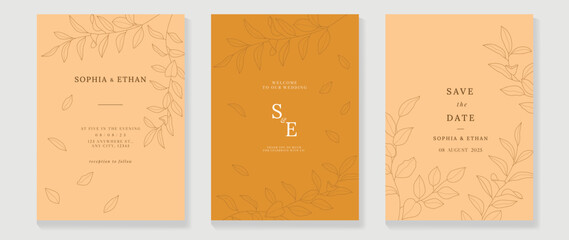 Luxury wedding invitation card background vector. Abstract botanical leaf branch contour drawing line art texture template background. Design illustration for wedding and vip cover template, banner.