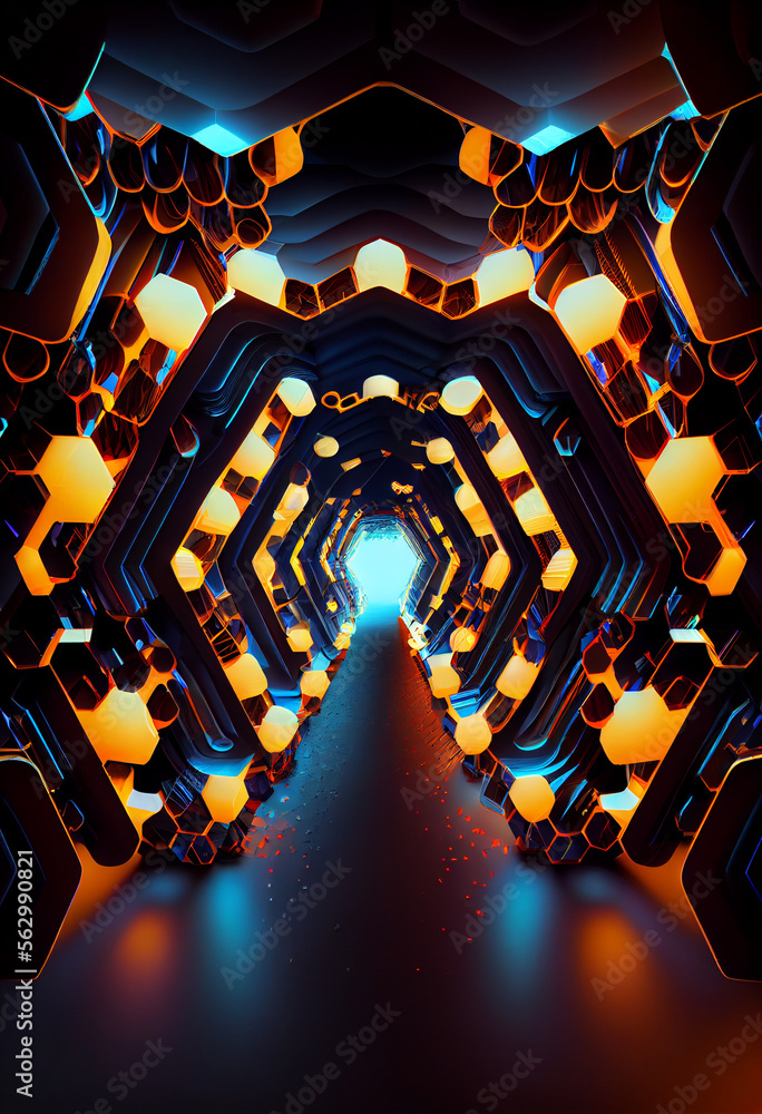 Poster tunnel sci-fi looping environment, technology digital abstract background.