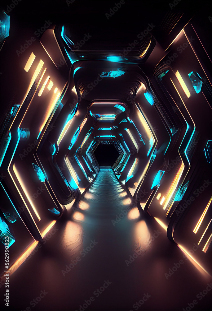 Poster tunnel sci-fi looping environment, technology digital abstract background.