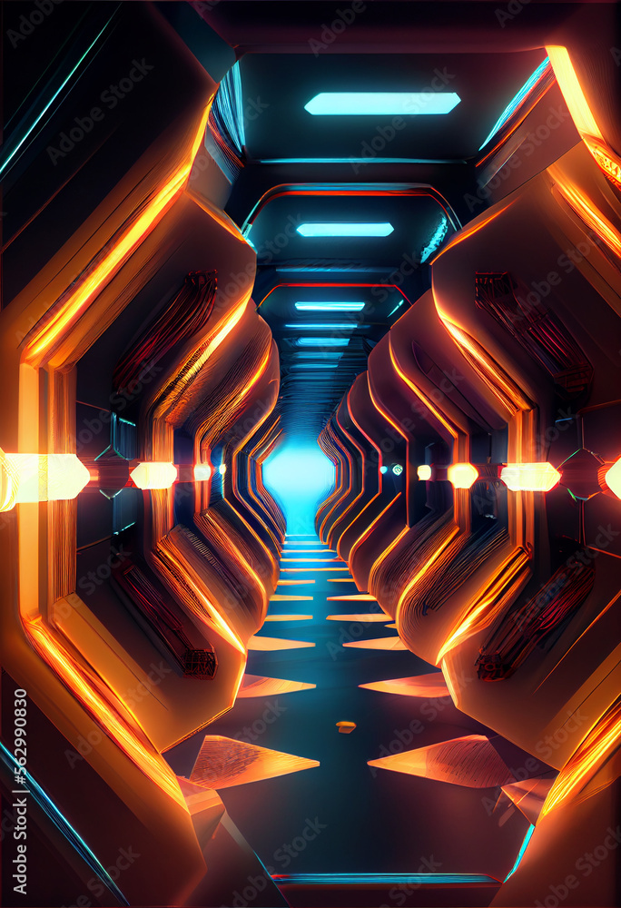 Poster tunnel sci-fi looping environment, technology digital abstract background.