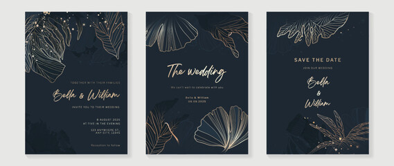 Luxury wedding invitation card background vector. Elegant botanical leaf branch gold line art and sparkle on dark texture background. Design illustration for wedding and vip cover template, banner.