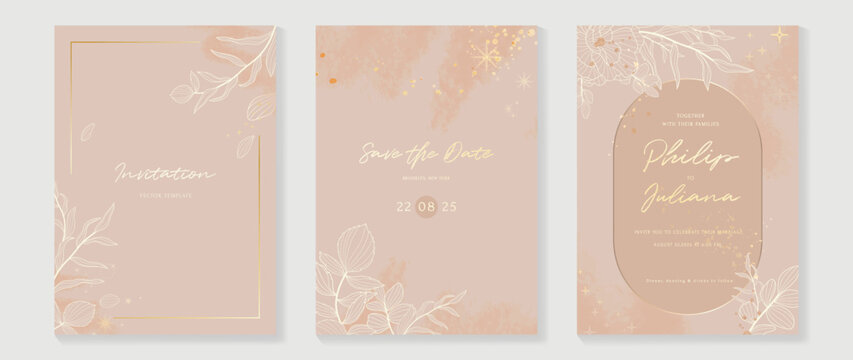 Luxury wedding invitation card background vector. Elegant botanical floral leaf branch gold line art and sparkle texture background. Design illustration for wedding and vip cover template, banner.