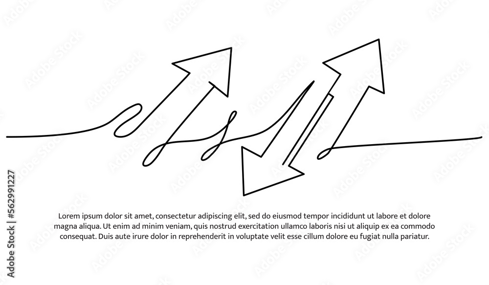 Poster continuous line design of arrows pointing up and down. single line decorative elements drawn on a wh