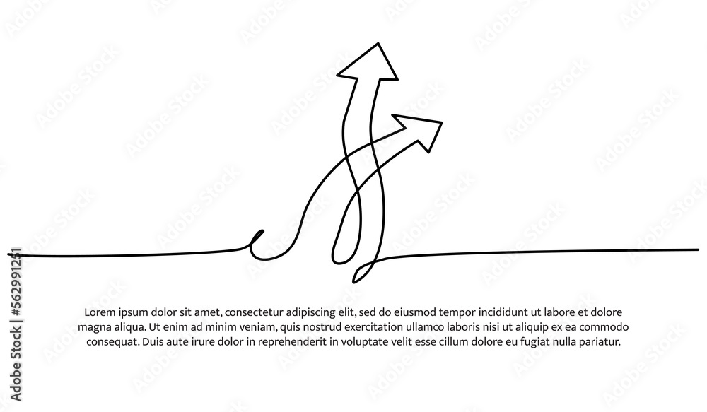 Poster continuous line design of two arrows pointing up. single line decorative elements drawn on white bac