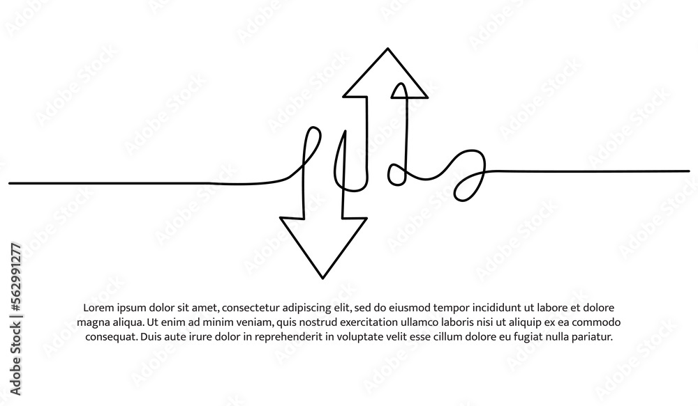 Poster continuous line design of arrows pointing up and down. single line decorative elements drawn on a wh
