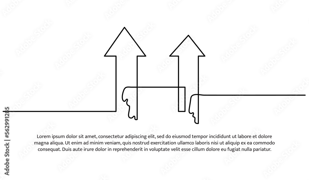 Poster continuous line design of two arrows pointing up. single line decorative elements drawn on white bac