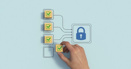 Business process management and automation concept with person moving wooden pieces on flowchart diagram. Workflow implementation to improve productivity and efficiency. Management and organization