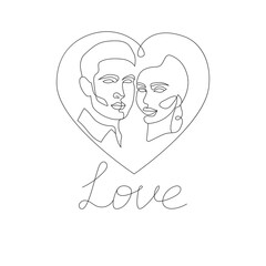 Vector linear illustration of a couple in love isolated on a white background. Guy and girl in the shape of a heart with the inscription love. Valentine's day card. Idea for a couple tattoo